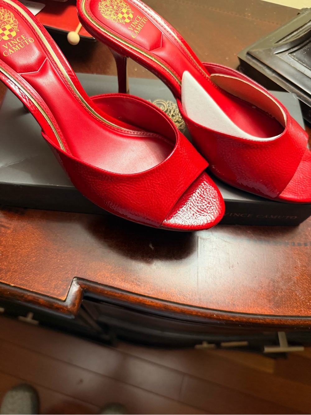 Vince Camuto Red Patent Open-Toe Slide Heels